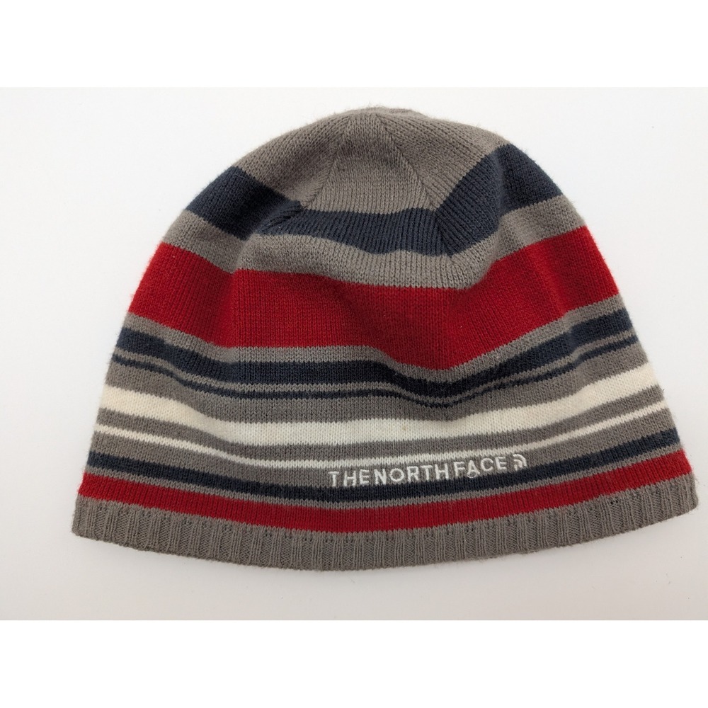 The North Face Beanie Hat Striped Red Grey Navy AE9U Unisex One Size